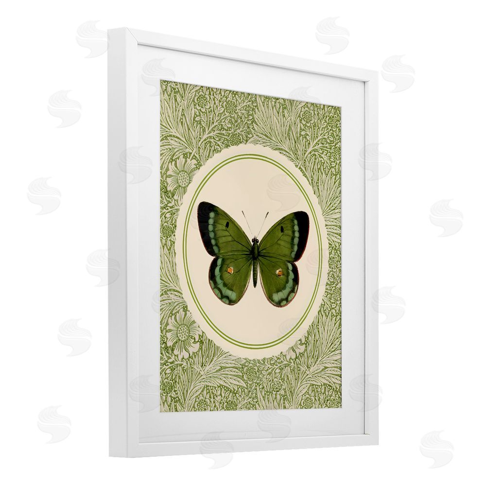 LSR Design Studio Green Butterfly Botanical Medallion White Framed Print Under Glass Wall Art
