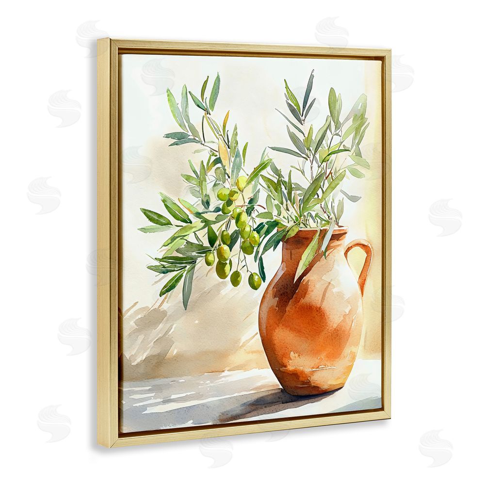 LSR Design Studio Olive Branch in Terracotta Vase Gold Floating Framed Canvas Wall Art