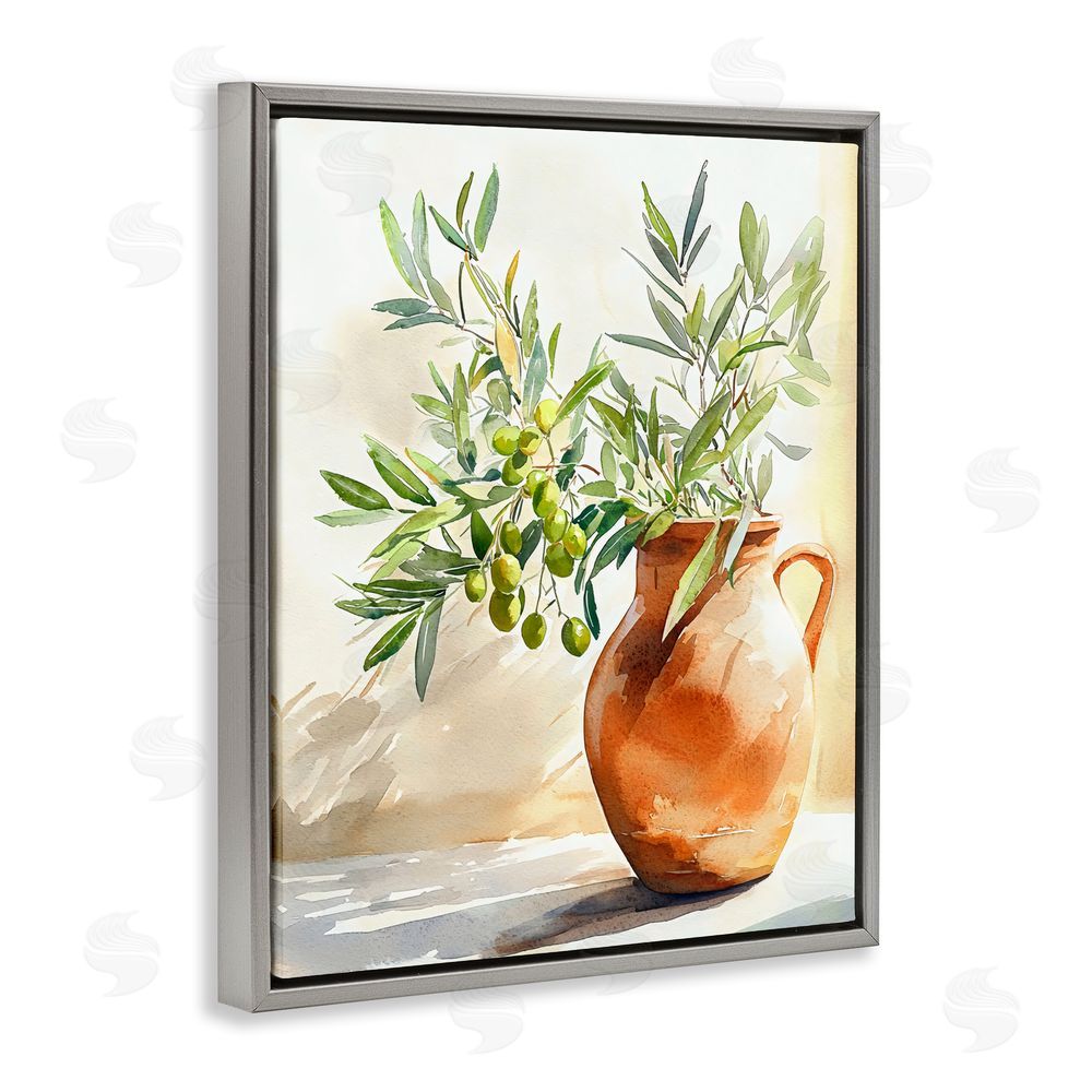 LSR Design Studio Olive Branch in Terracotta Vase Gray Floating Framed Canvas Wall Art