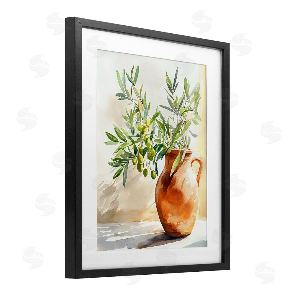 LSR Design Studio Olive Branch in Terracotta Vase Black Framed Print Under Glass Wall Art