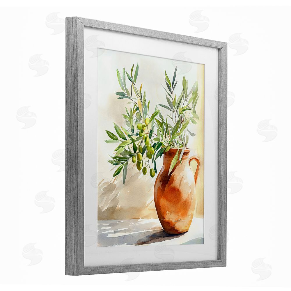 LSR Design Studio Olive Branch in Terracotta Vase Gray Framed Print Under Glass Wall Art