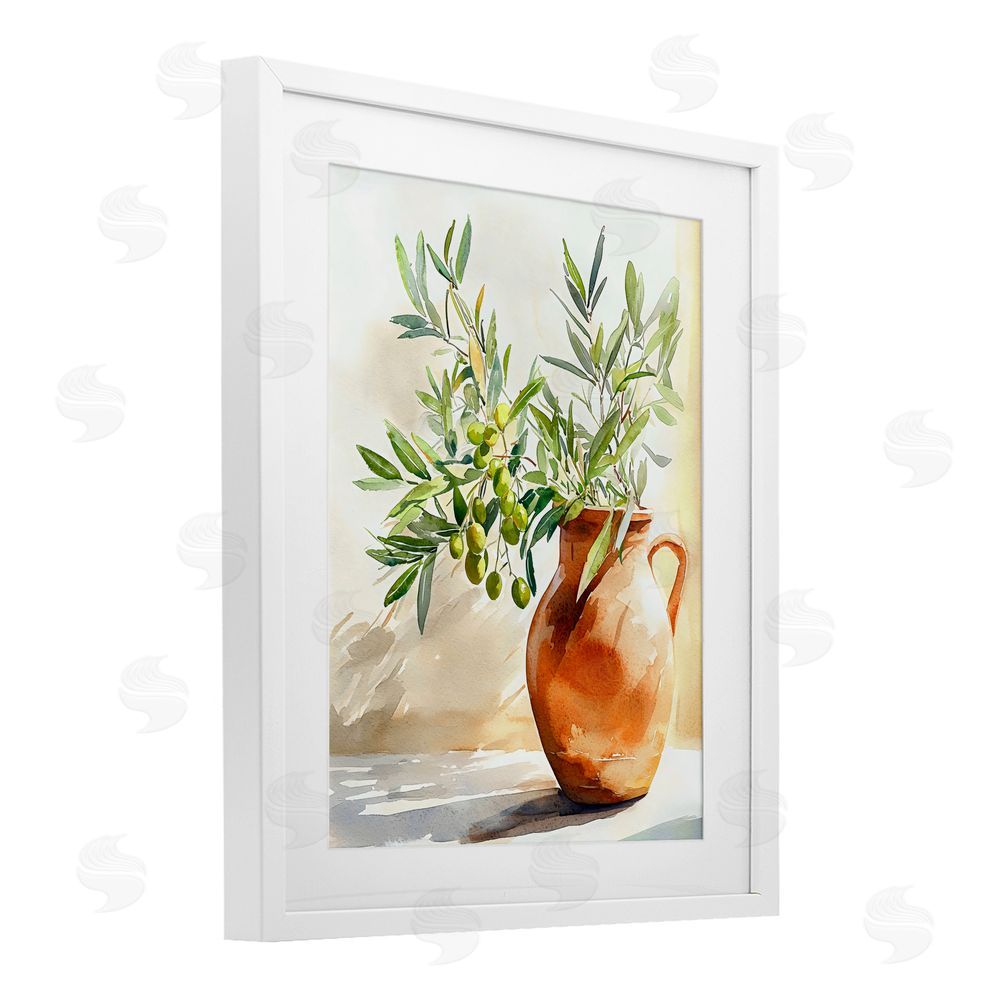 LSR Design Studio Olive Branch in Terracotta Vase White Framed Print Under Glass Wall Art