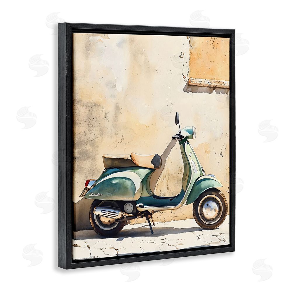 LSR Design Studio Vintage Scooter on Italian Street Black Floating Framed Canvas Wall Art Print