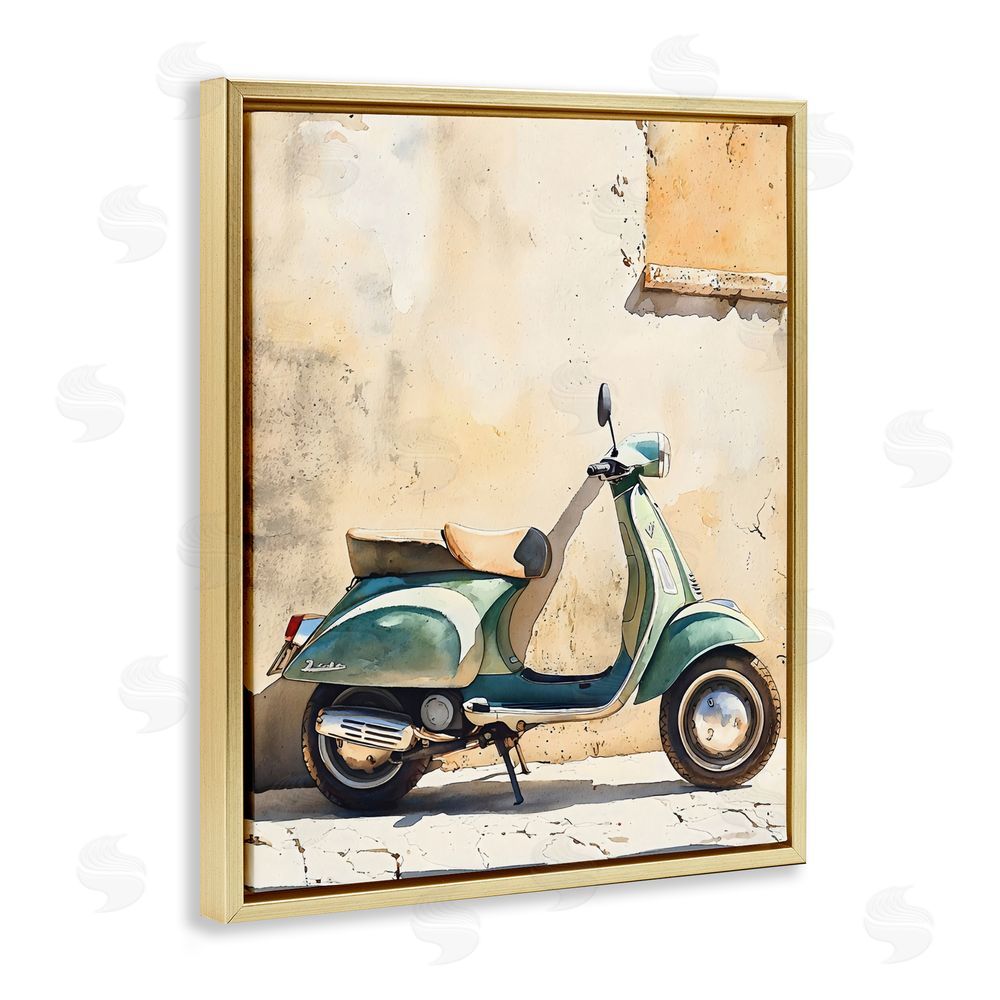 LSR Design Studio Vintage Scooter on Italian Street Gold Floating Framed Canvas Wall Art Print