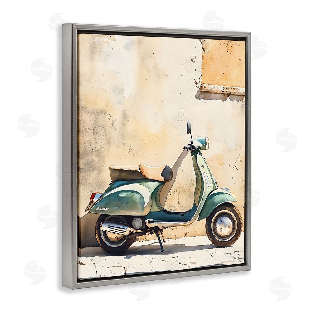 LSR Design Studio Vintage Scooter on Italian Street Gray Floating Framed Canvas Wall Art Print