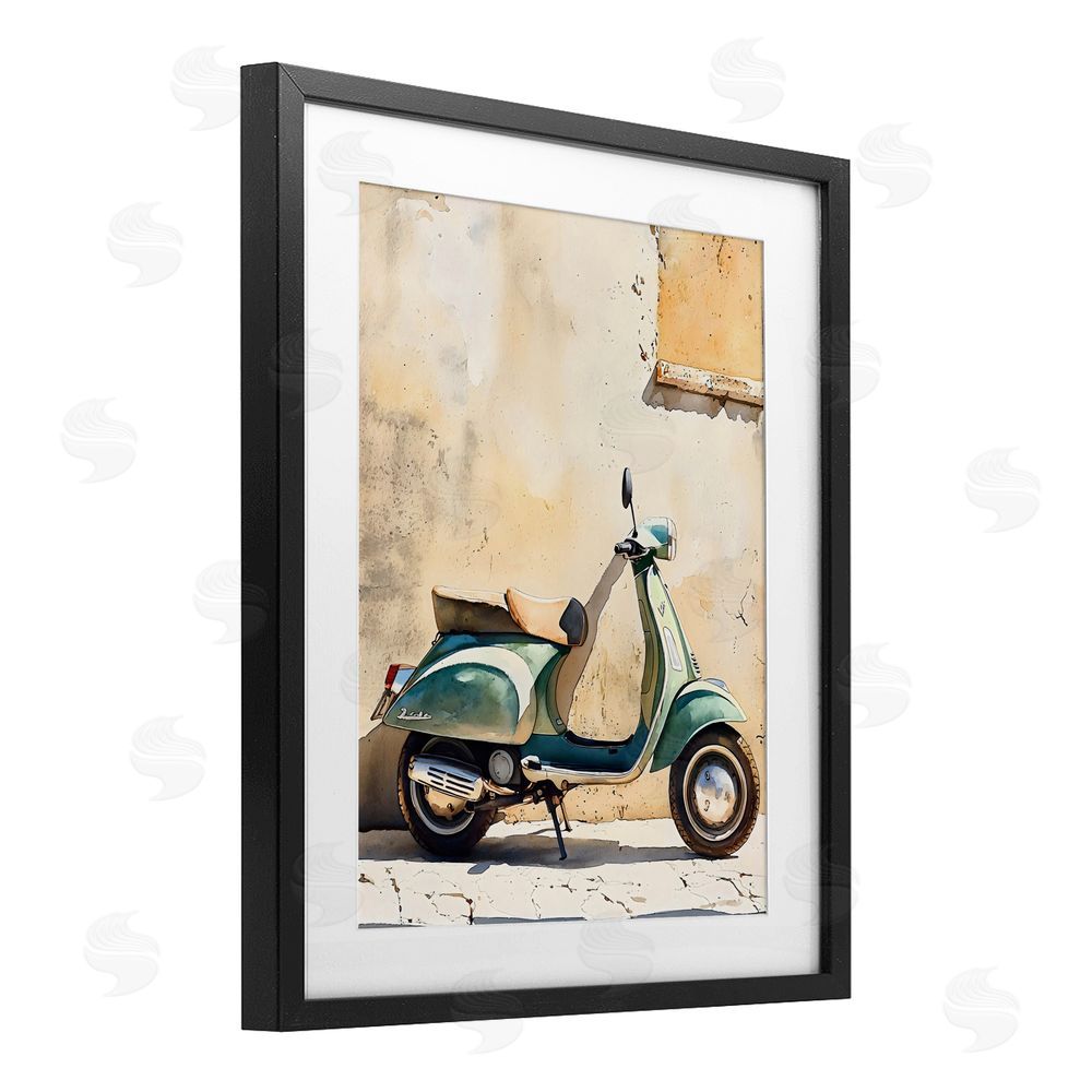 LSR Design Studio Vintage Scooter on Italian Street Black Framed Print Under Glass with White Mat Wall Art