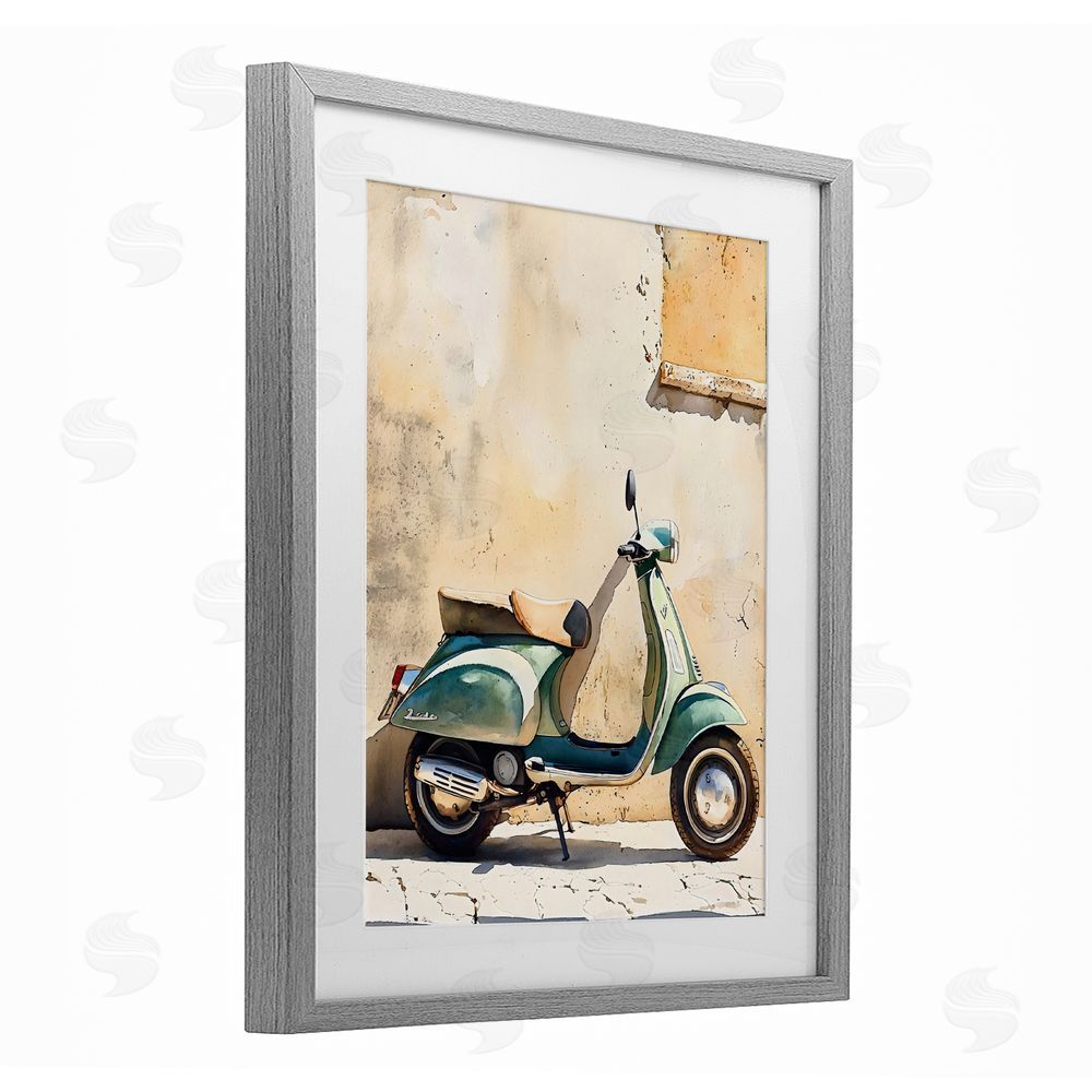 LSR Design Studio Vintage Scooter on Italian Street Gray Framed Print Under Glass with White Mat Wall Art