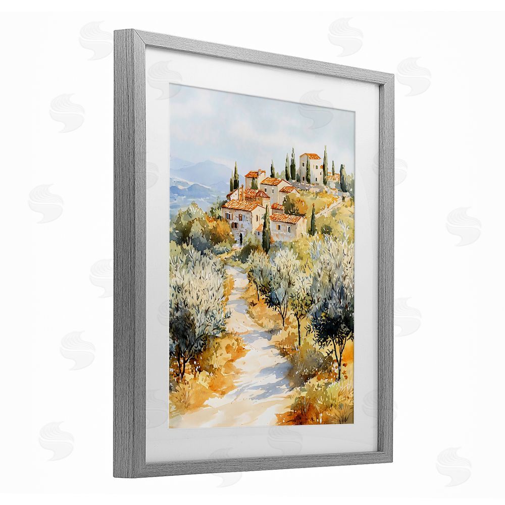 LSR Design Studio Tuscan Hilltop Village View Gray Framed Print Under Glass with White Mat Wall Art