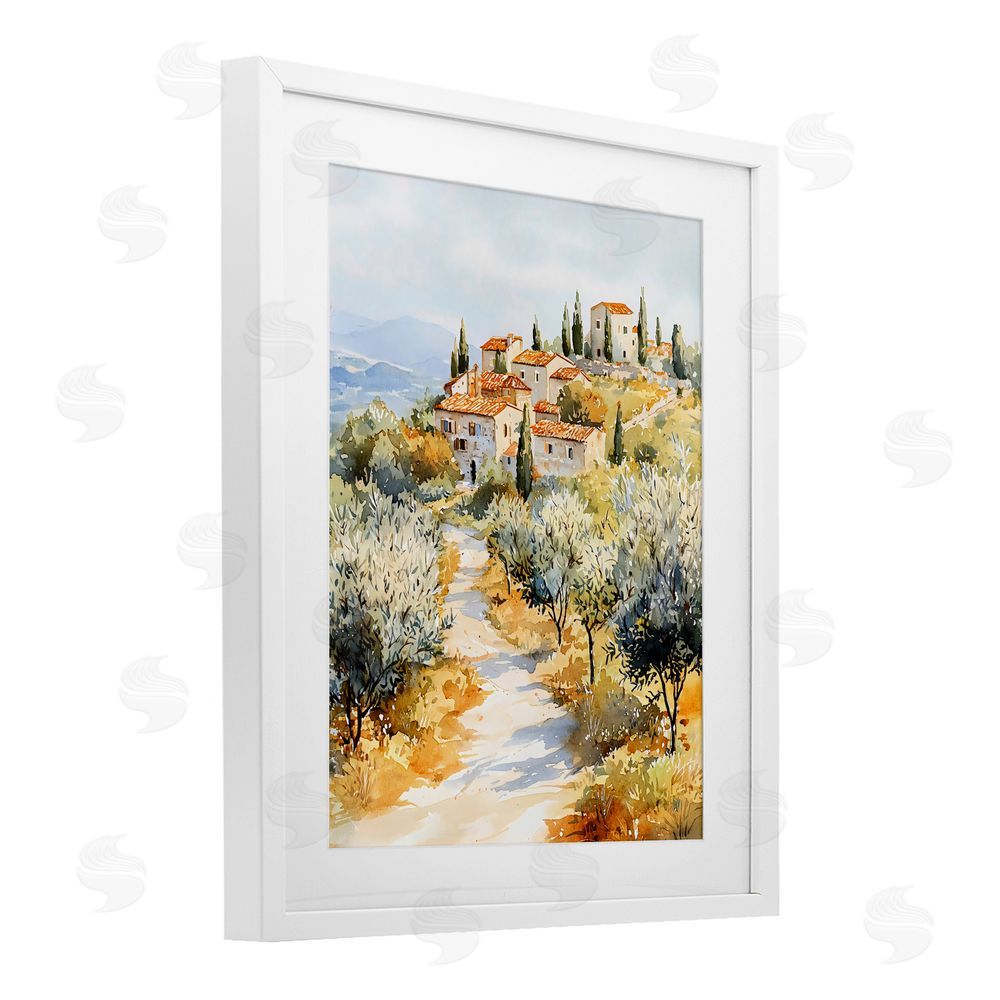LSR Design Studio Tuscan Hilltop Village View White Framed Print Under Glass with White Mat Wall Art