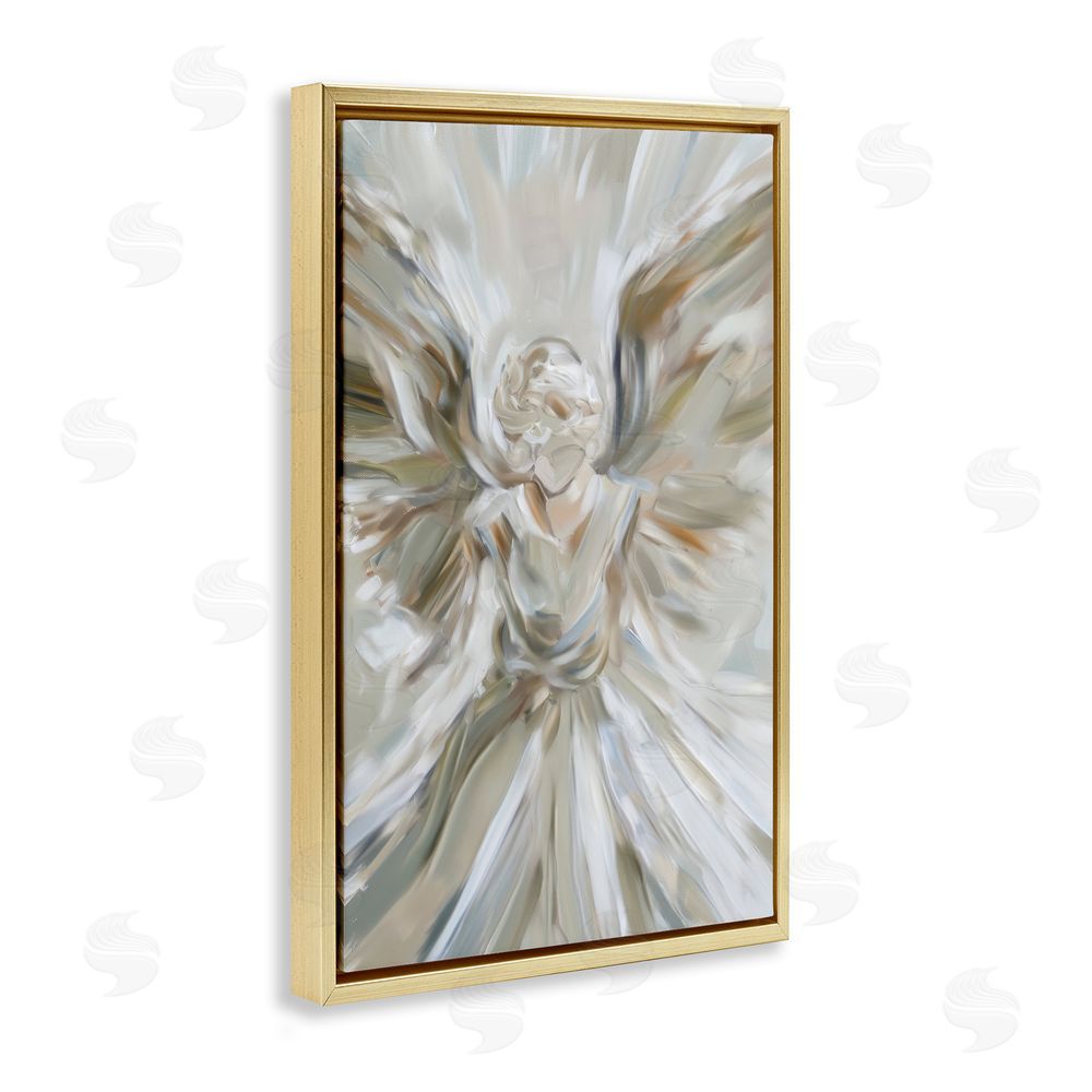 Petal Prints Design Serene Angel with Flowing Wings Gold Floating Framed Canvas Wall Art Print