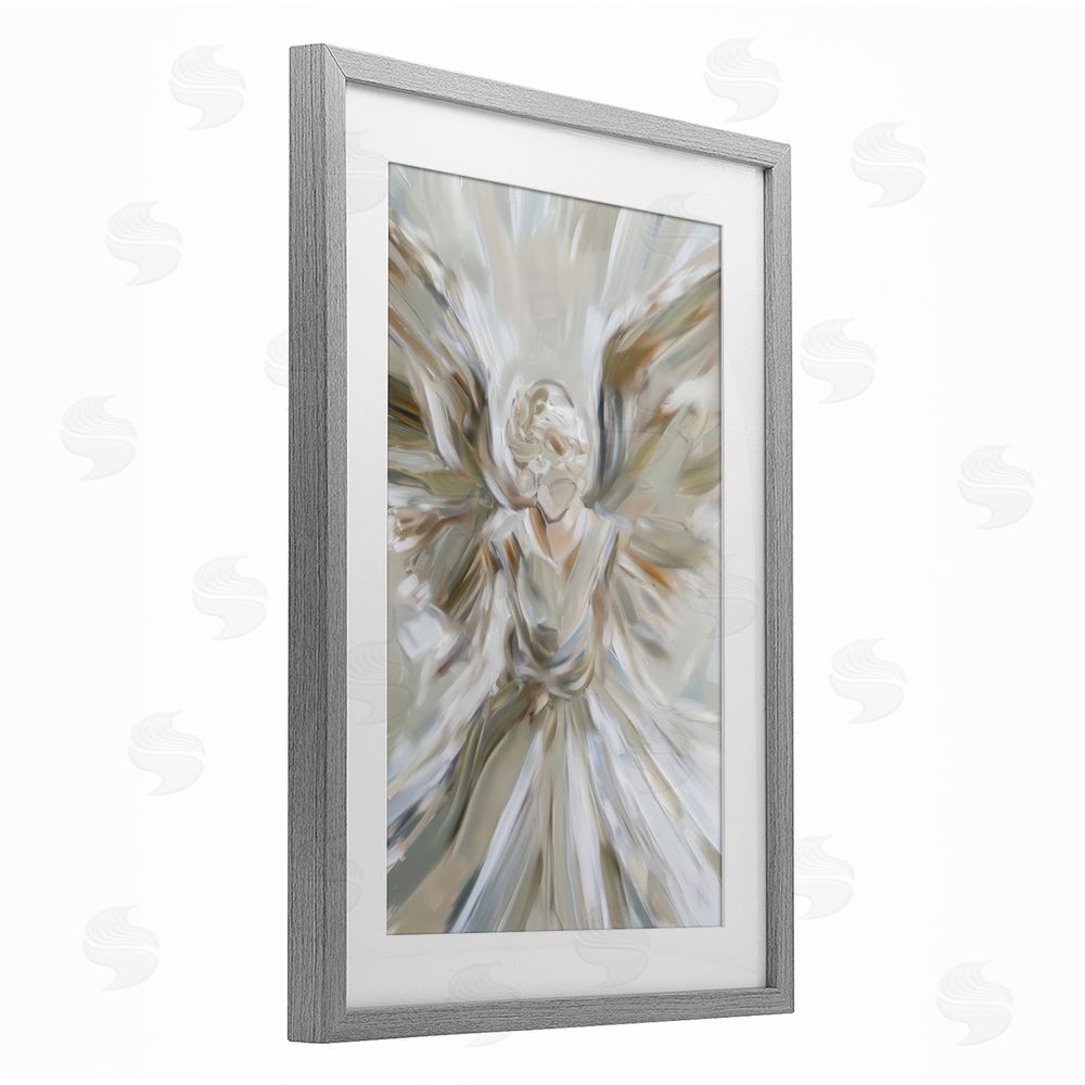 Petal Prints Design Serene Angel with Flowing Wings Gray Framed Print Under Glass with White Mat Wall Art