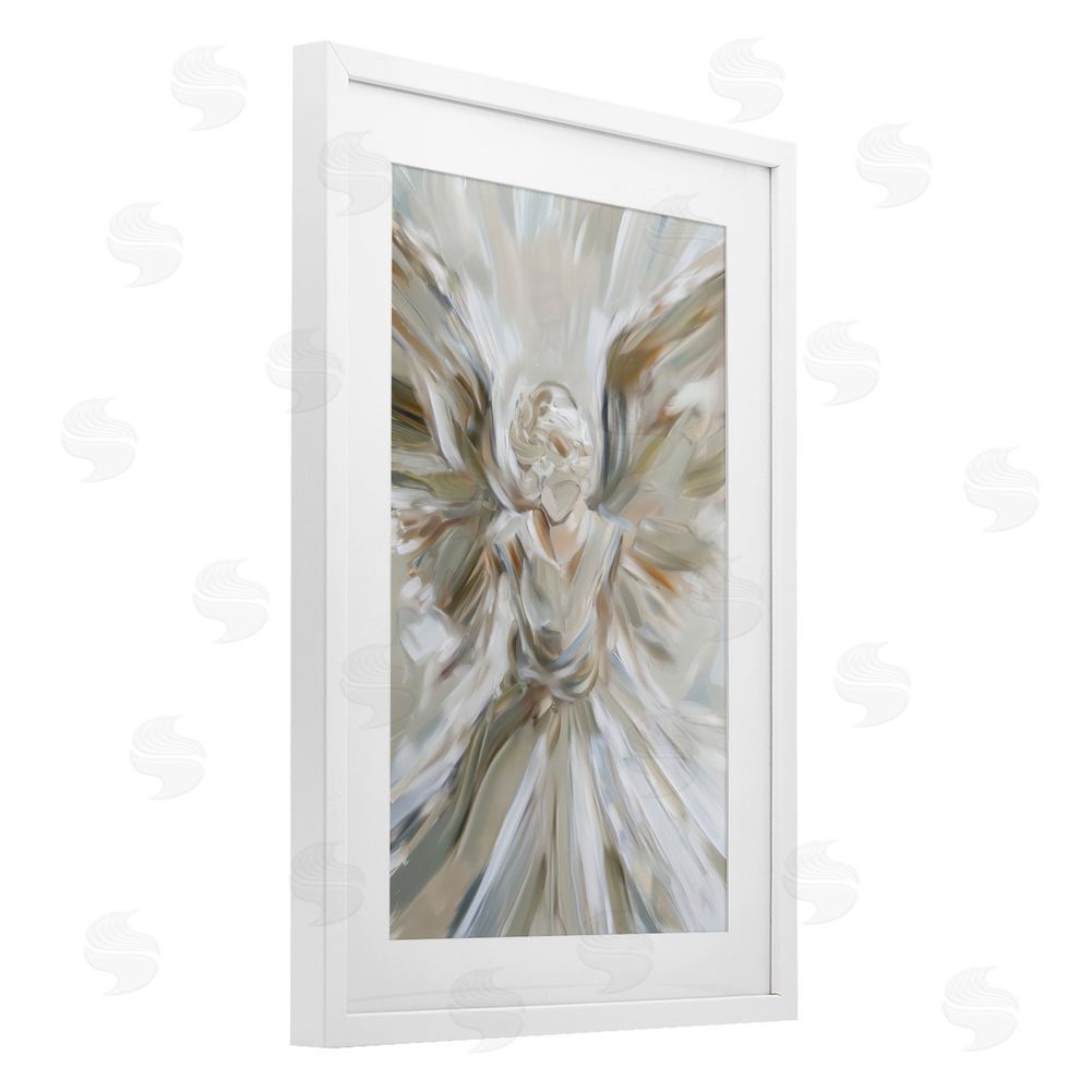 Petal Prints Design Serene Angel with Flowing Wings White Framed Print Under Glass with White Mat Wall Art