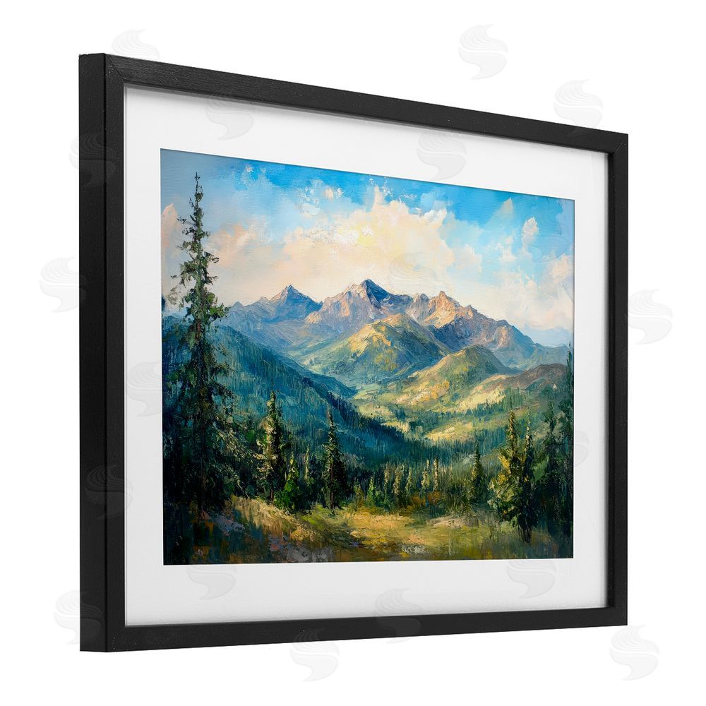 Petal Prints Design Valley In The Mountains Black Framed Print Under Glass with White Mat Wall Art