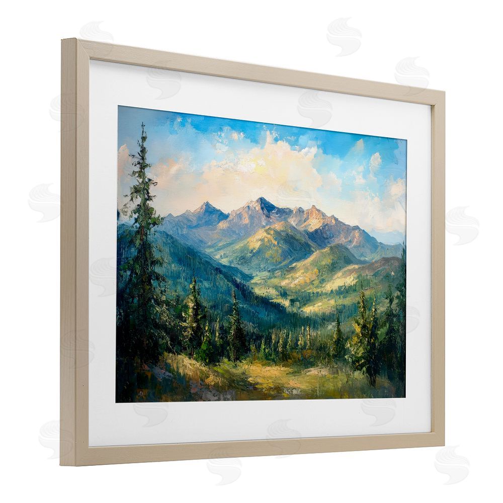 Petal Prints Design Valley In The Mountains Brown Framed Print Under Glass with White Mat Wall Art