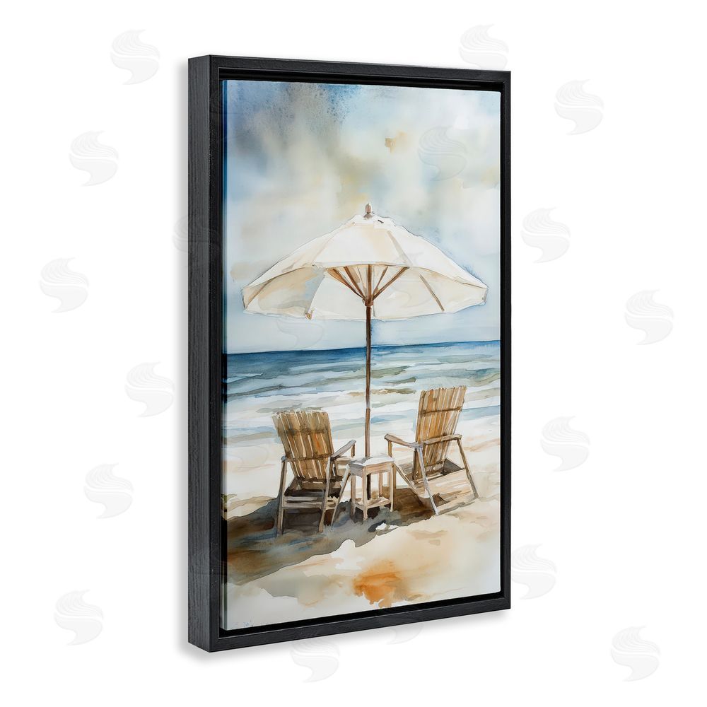 Petal Prints Design Watercolor Paradise Beach Scene Black Floating Framed Canvas Wall Art Print