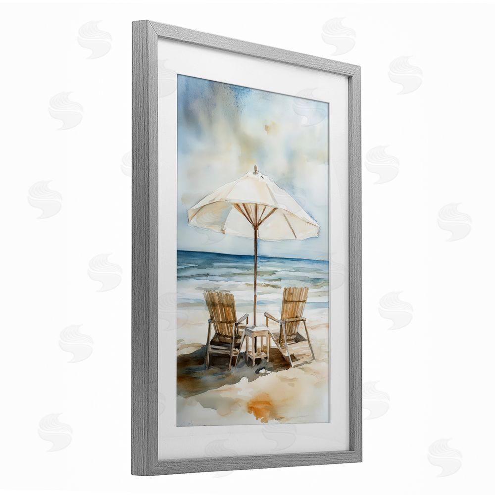 Petal Prints Design Watercolor Paradise Beach Scene Gray Framed Print Under Glass with White Mat Wall Art