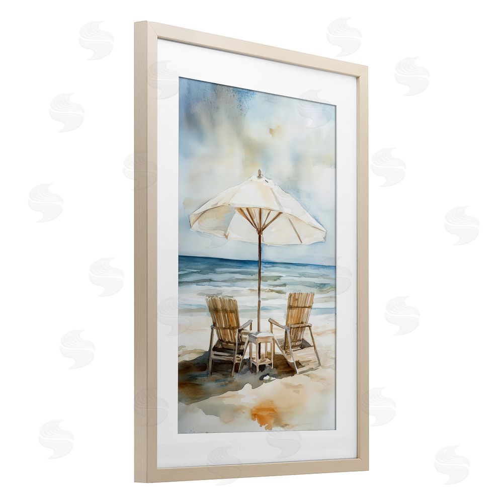 Petal Prints Design Watercolor Paradise Beach Scene Brown Framed Print Under Glass with White Mat Wall Art
