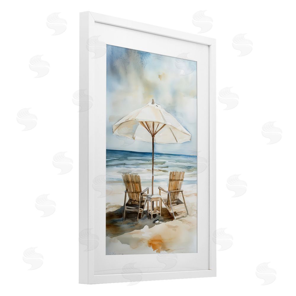 Petal Prints Design Watercolor Paradise Beach Scene White Framed Print Under Glass with White Mat Wall Art