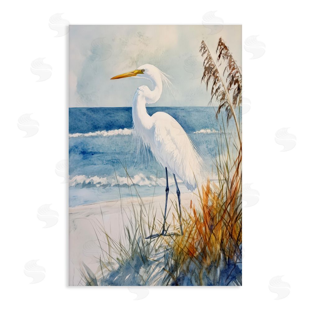 Petal Prints Design Egret By The Waves Stretched Canvas Wall Art