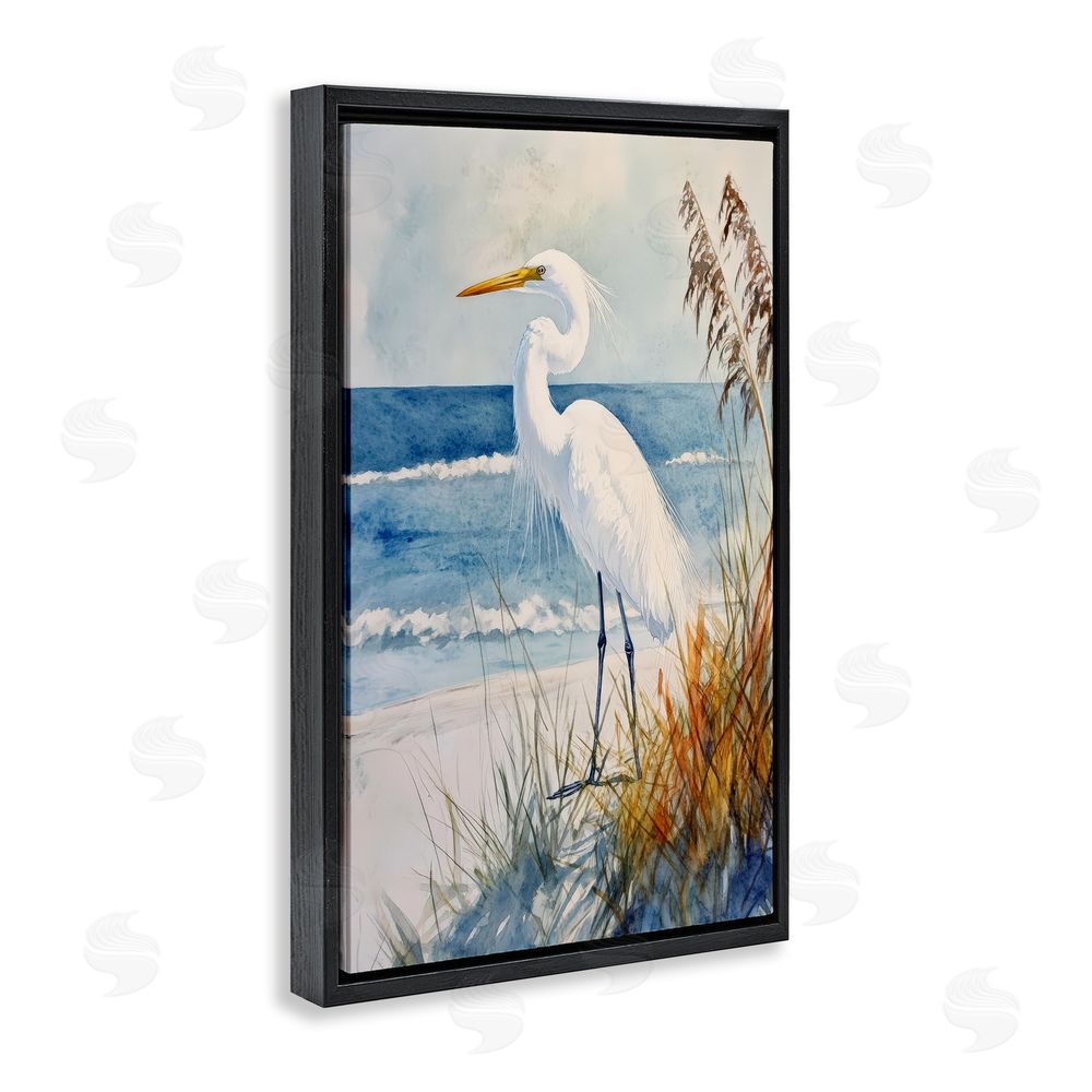 Petal Prints Design Egret By The Waves Black Floating Frame Canvas Wall Art Print