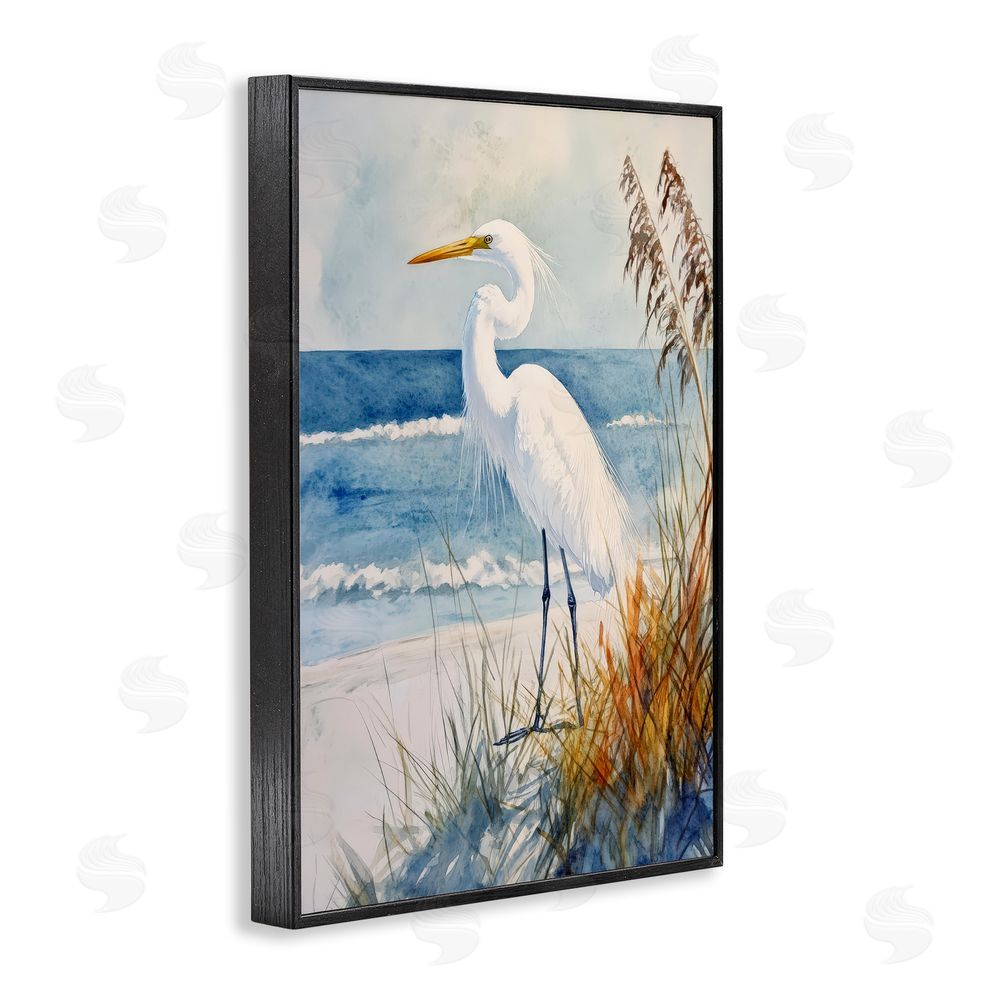 Petal Prints Design Egret By The Waves Black Framed Giclee Wall Art Print