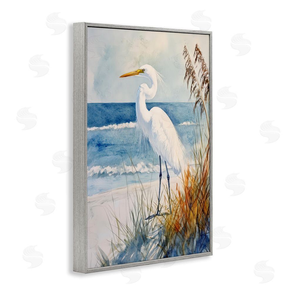 Petal Prints Design Egret By The Waves Gray Framed Giclee Wall Art Print