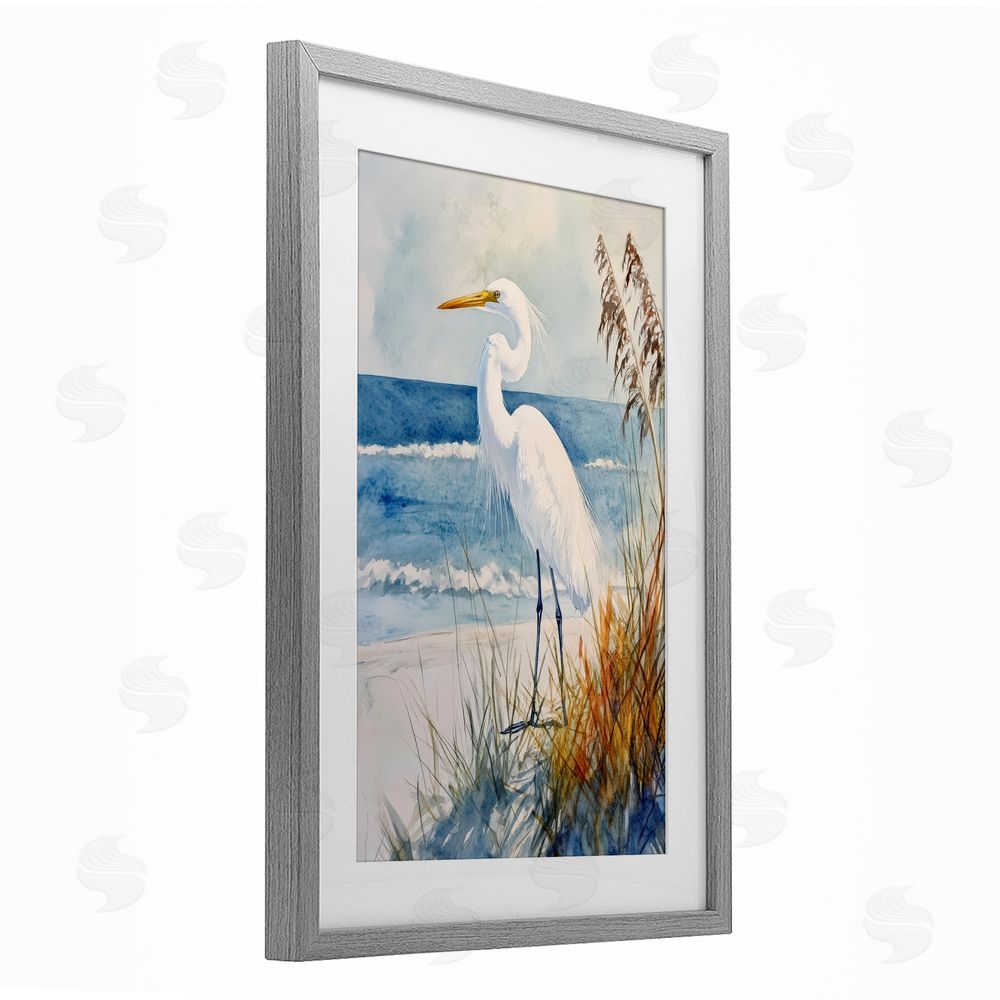 Petal Prints Design Egret By The Waves Gray Framed Print Under Glass Wall Art
