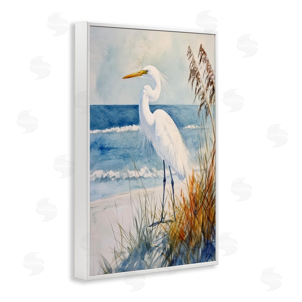 Petal Prints Design Egret By The Waves White Framed Giclee Wall Art Print