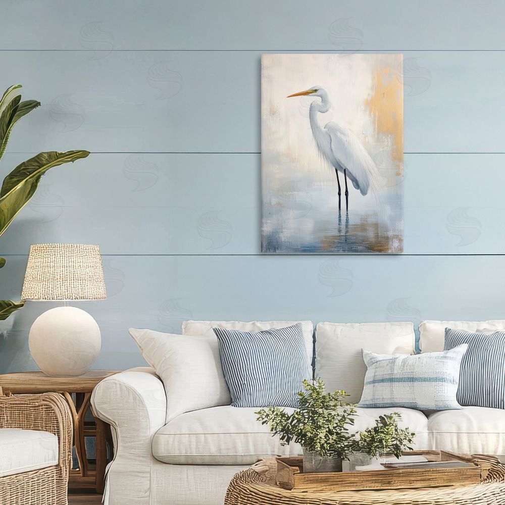 Petal Prints Design Distressed Egret with Misty Reflection Stretched Canvas Wall Art in Room