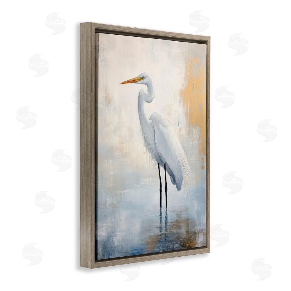 Petal Prints Design Distressed Egret with Misty Reflection Brown Floating Frame Canvas Wall Art Print