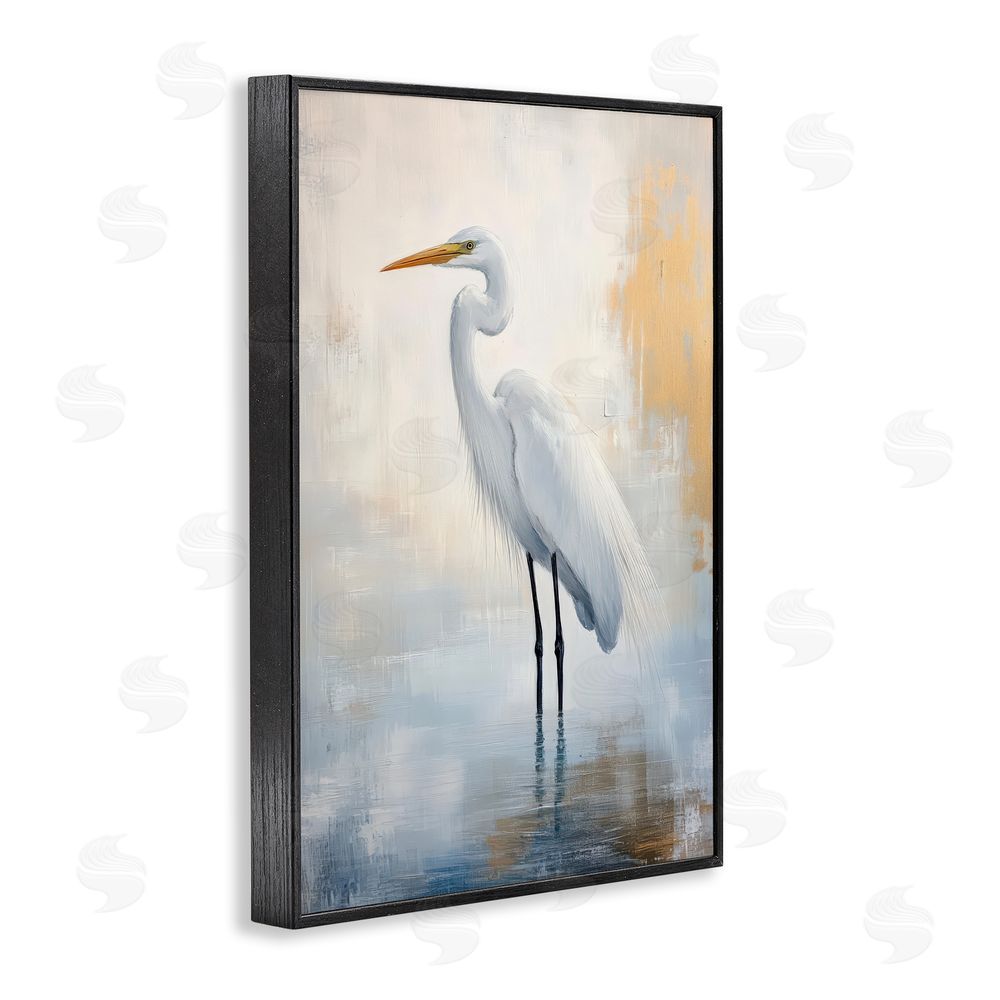 Petal Prints Design Distressed Egret with Misty Reflection Black Framed Giclee Wall Art Print