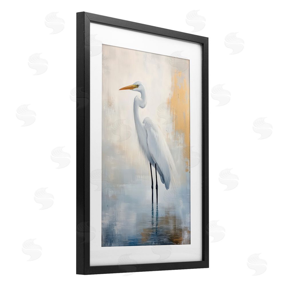 Petal Prints Design Distressed Egret with Misty Reflection Black Framed Print Under Glass Wall Art