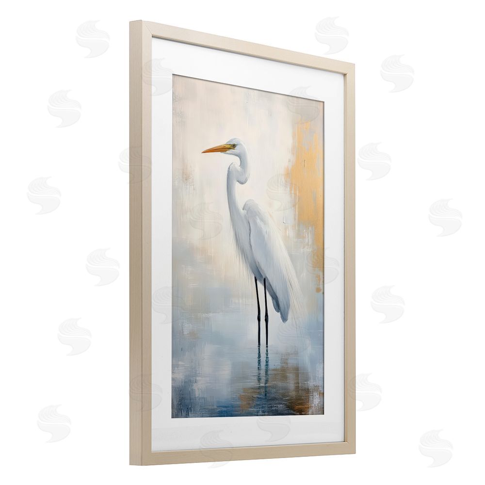 Petal Prints Design Distressed Egret with Misty Reflection Brown Framed Print Under Glass Wall Art