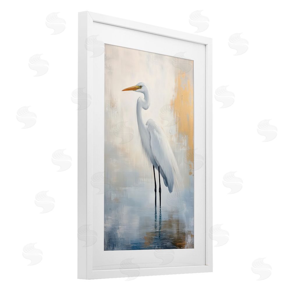 Petal Prints Design Distressed Egret with Misty Reflection White Framed Print Under Glass Wall Art
