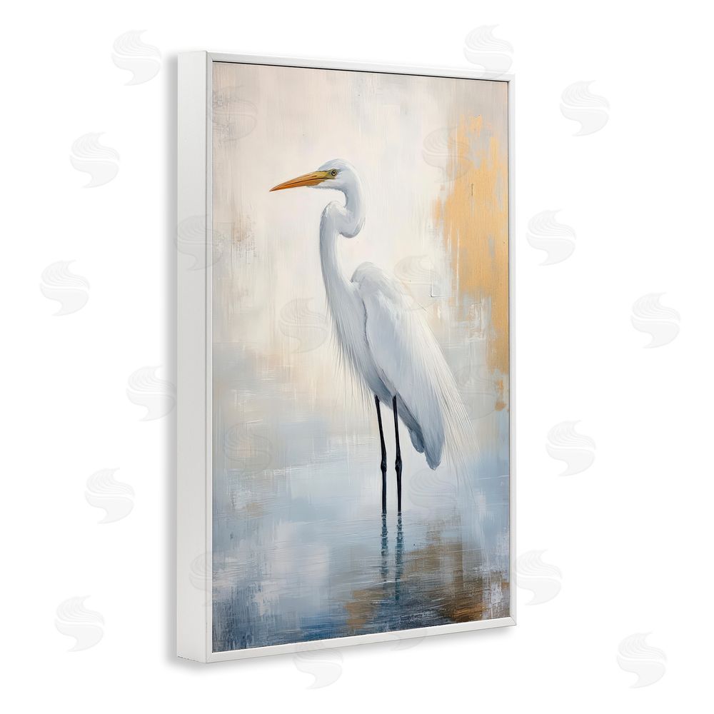 Petal Prints Design Distressed Egret with Misty Reflection White Framed Giclee Wall Art Print