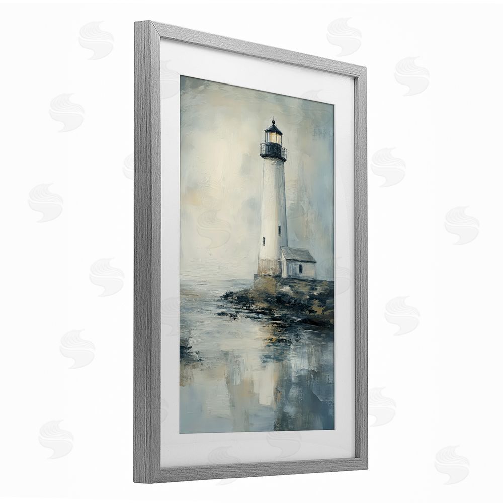 Petal Prints Design Moody Lighthouse Reflecting Gray Framed Print Under Glass Wall Art