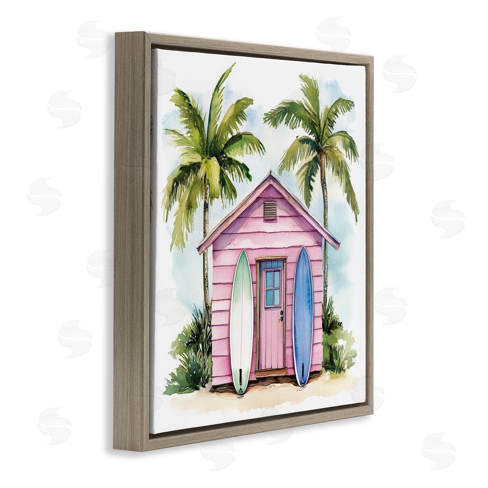 Petal Prints Design Surf Shack Under Palms Brown Floating Framed Canvas Wall Art Print