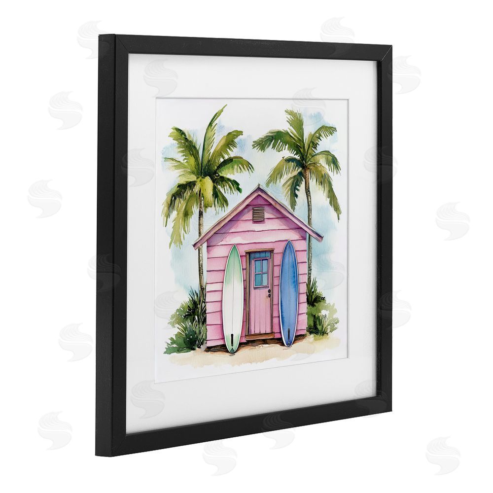 Petal Prints Design Surf Shack Under Palms Black Framed Print Under Glass with White Mat Wall Art