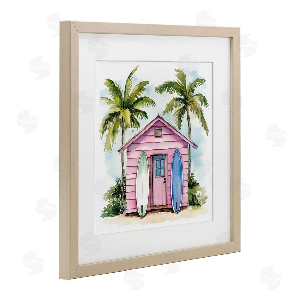 Petal Prints Design Surf Shack Under Palms Brown Framed Print Under Glass with White Mat Wall Art