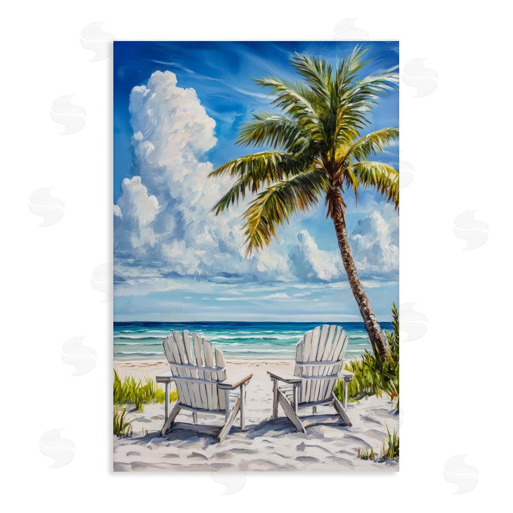 Petal Prints Design Clouded Beach with Looming Palm Stretched Canvas Wall Art