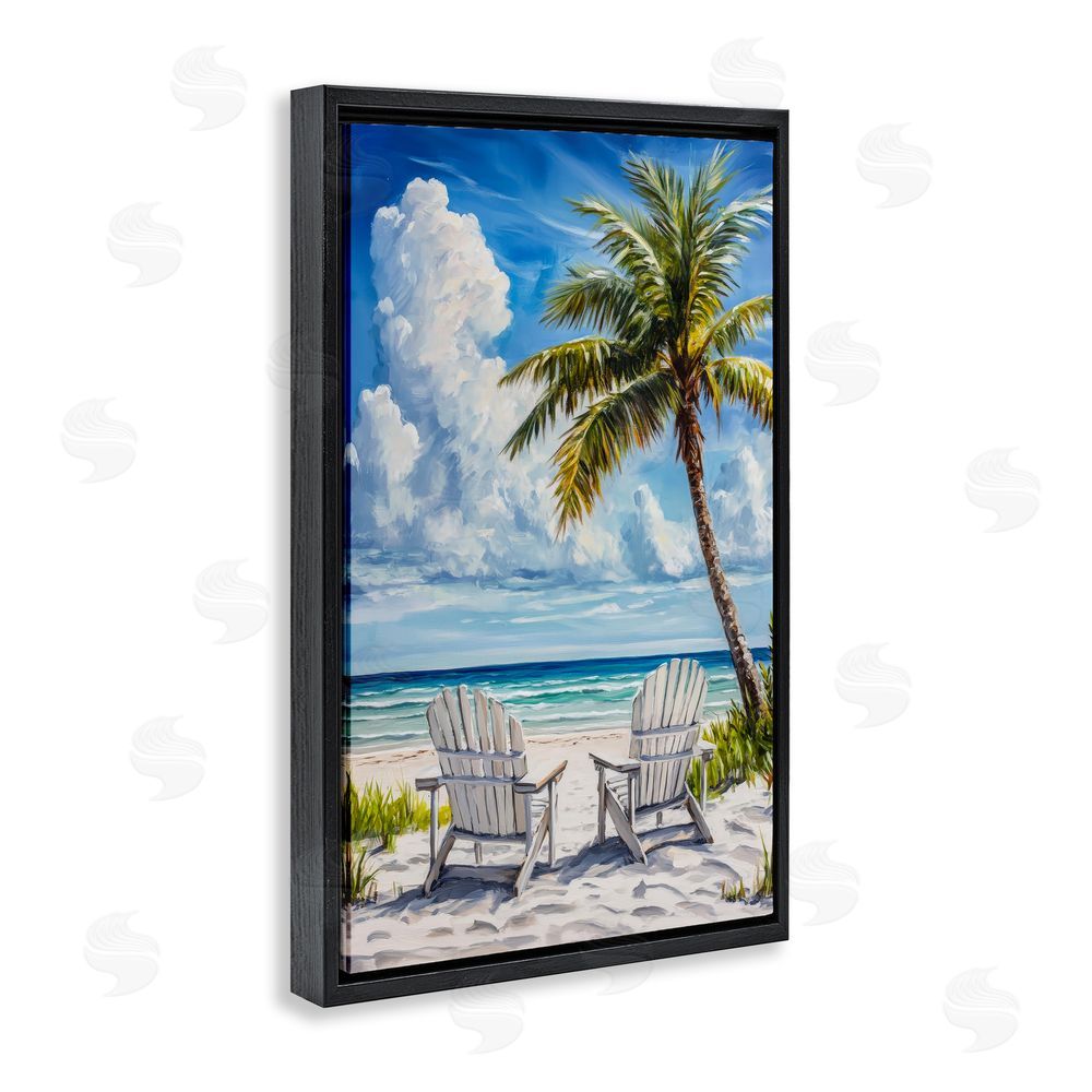 Petal Prints Design Clouded Beach with Looming Palm Black Floating Frame Canvas Wall Art Print
