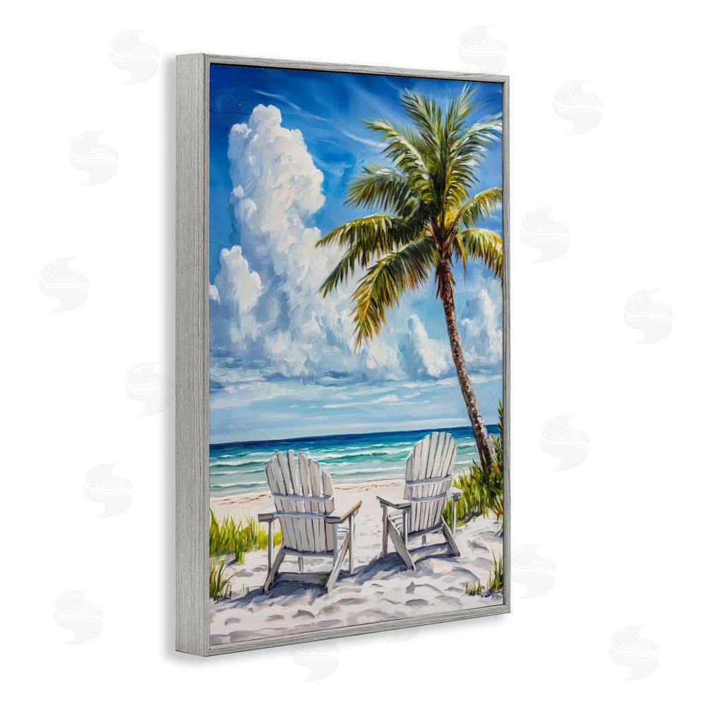 Petal Prints Design Clouded Beach with Looming Palm Gray Framed Giclee Wall Art Print