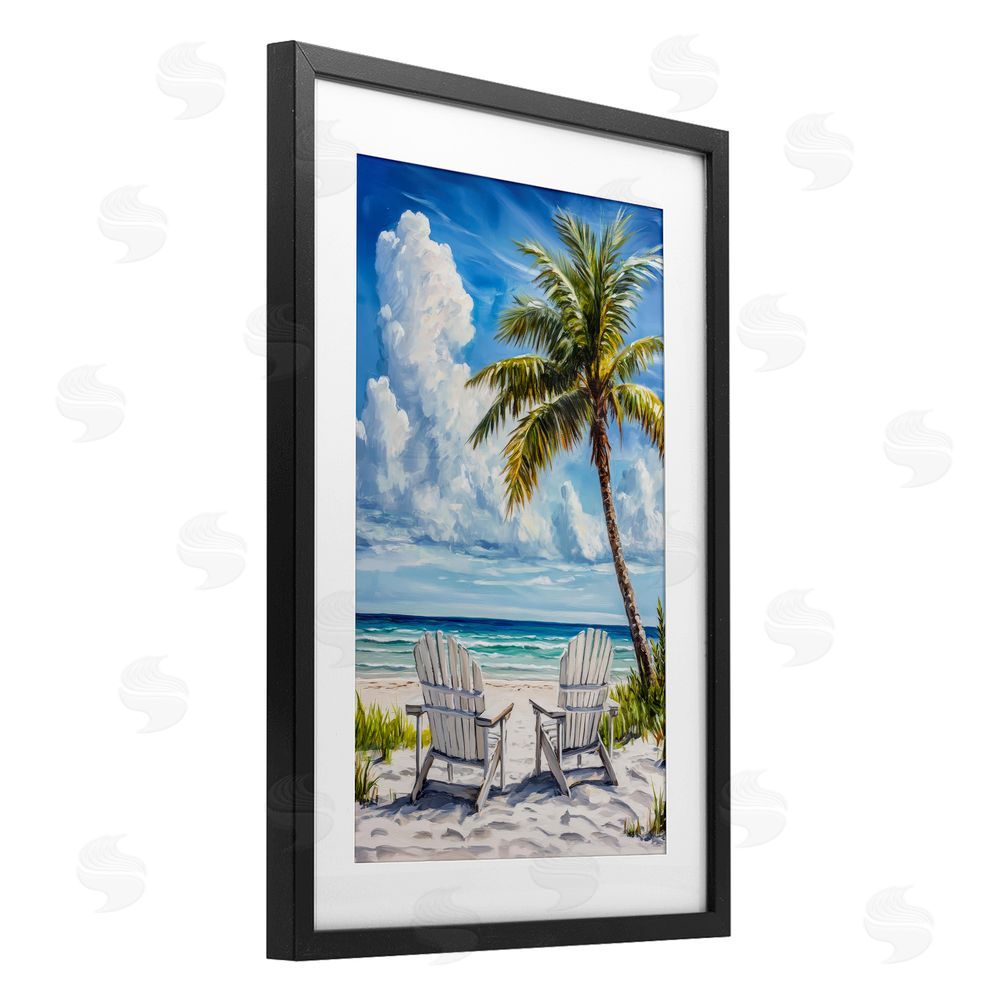 Petal Prints Design Clouded Beach with Looming Palm Black Framed Print Under Glass Wall Art