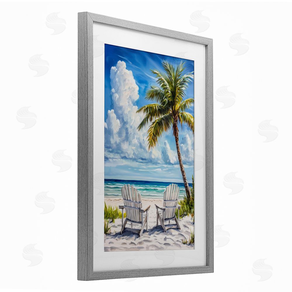 Petal Prints Design Clouded Beach with Looming Palm Gray Framed Print Under Glass Wall Art