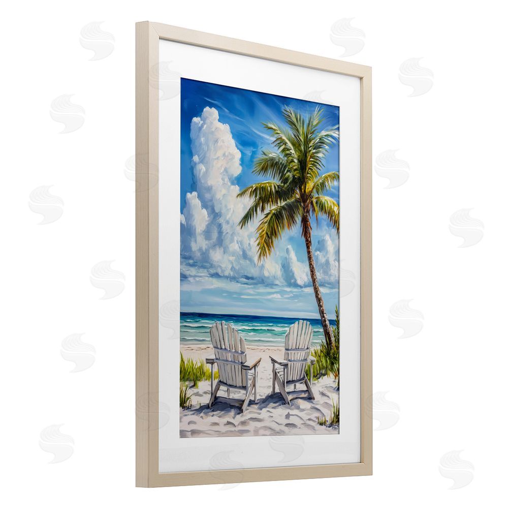 Petal Prints Design Clouded Beach with Looming Palm Brown Framed Print Under Glass Wall Art