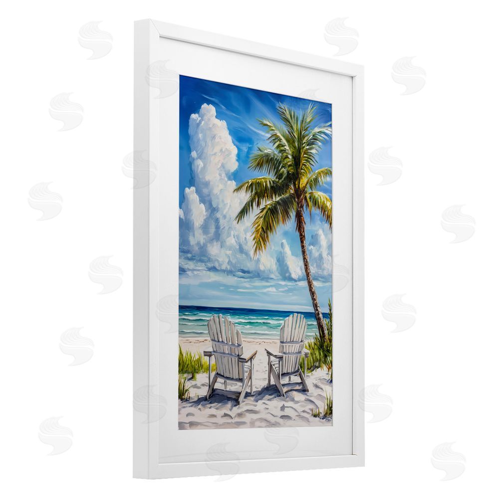 Petal Prints Design Clouded Beach with Looming Palm White Framed Print Under Glass Wall Art