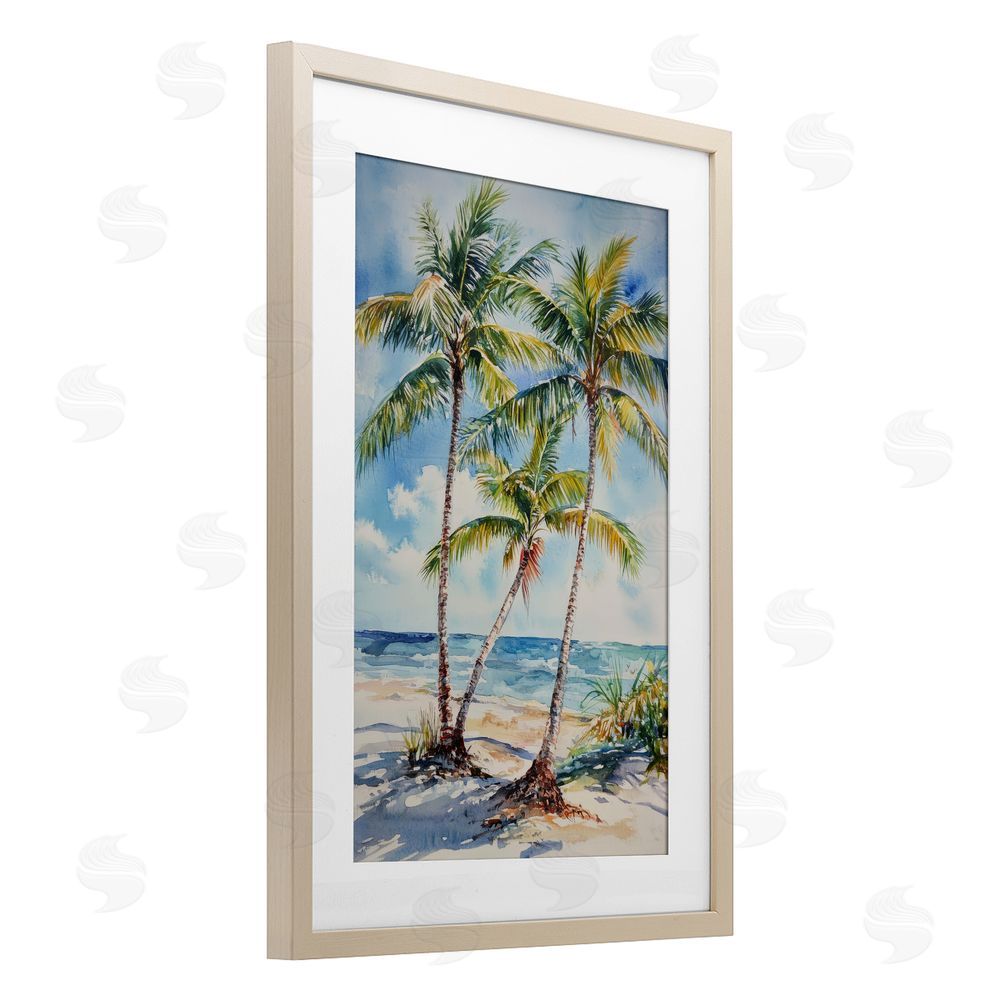 Petal Prints Design Windy Palm Trees on Shore Brown Framed Print Under Glass with White Mat Wall Art