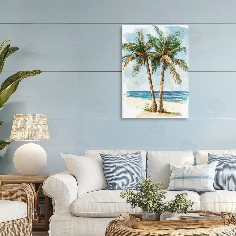 Petal Prints Design Illustrated Palm Tree Duo Stretched Canvas Wall Art in Room