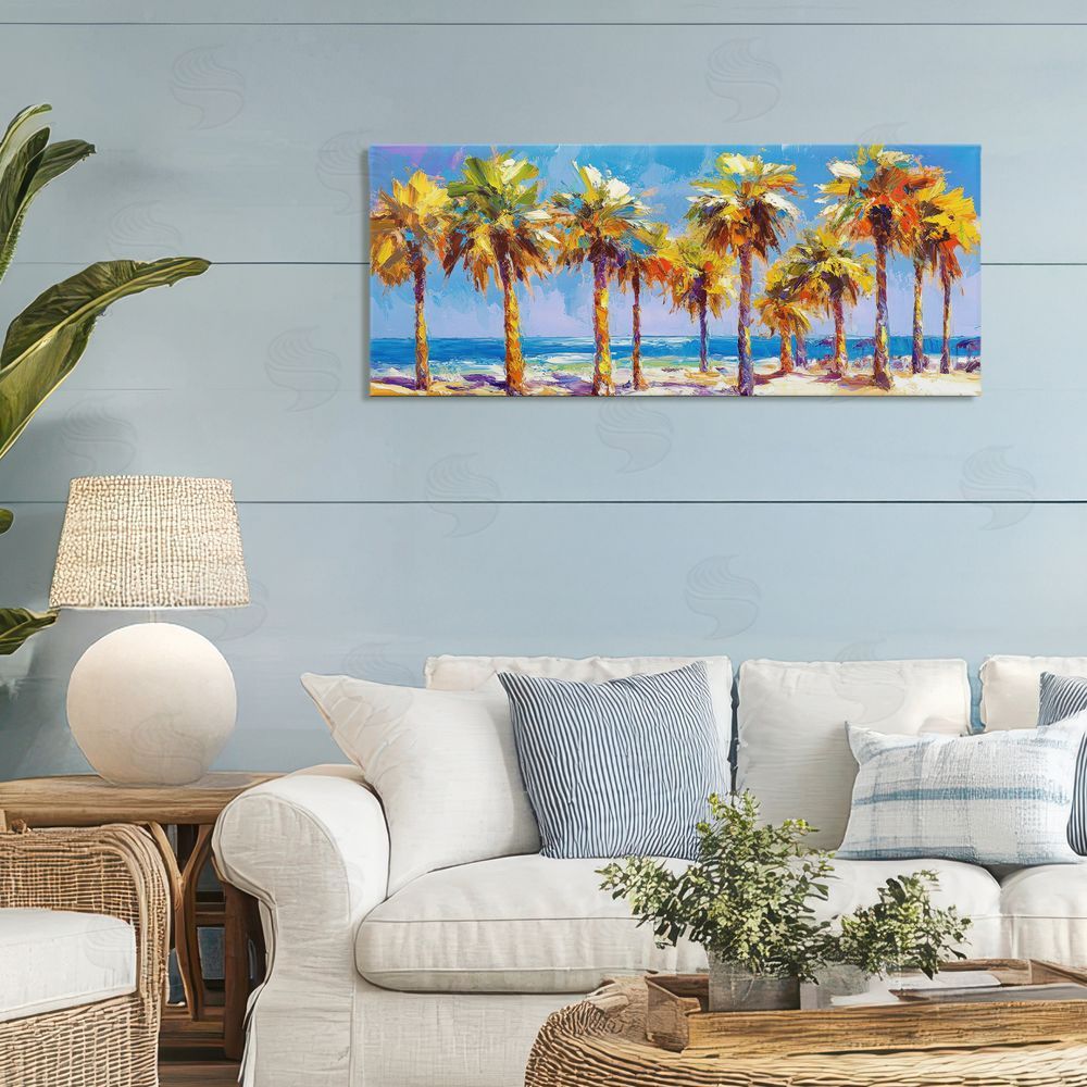 Petal Prints Design Many Palm Trees on Beach Stretched Canvas Wall Art in Room