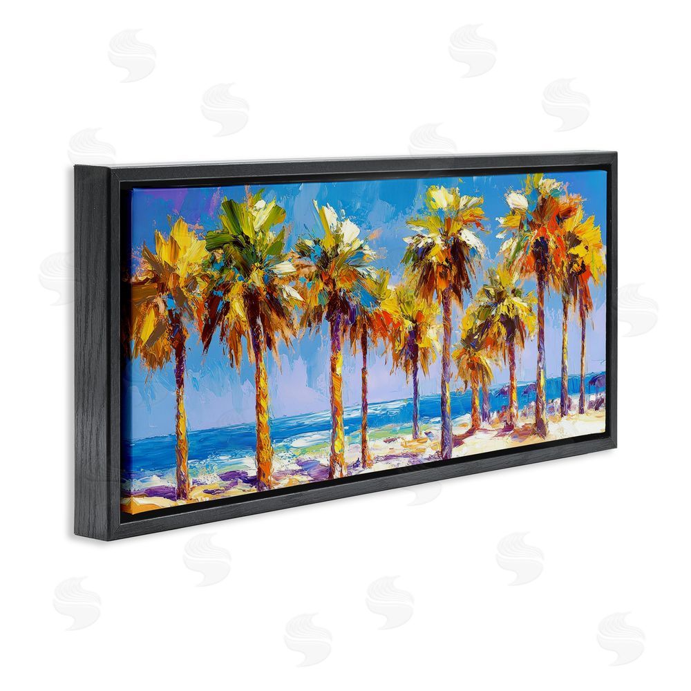 Petal Prints Design Many Palm Trees on Beach Black Floating Framed Canvas Wall Art